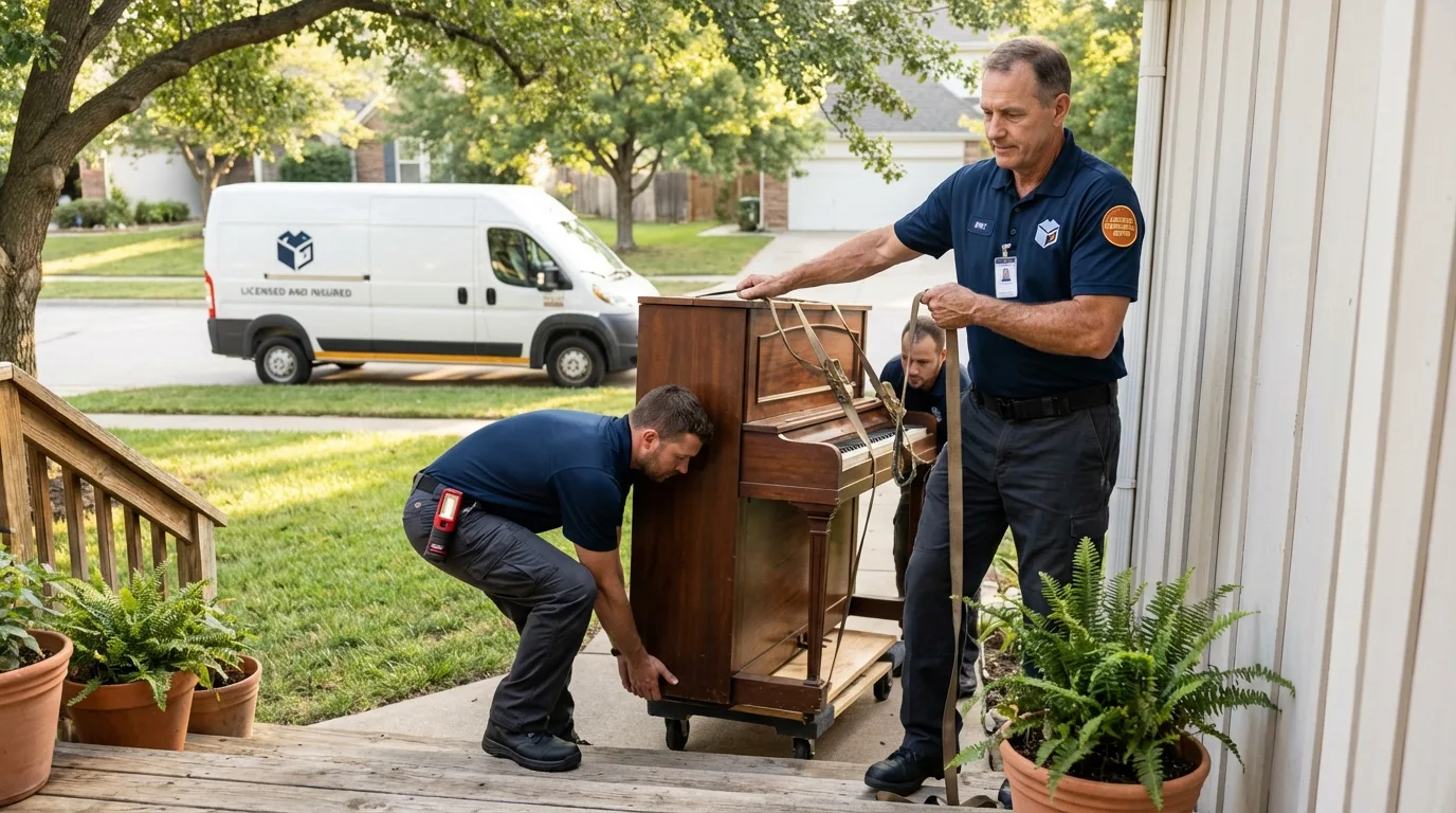 Licensed piano movers securing grand piano in Black River, NY