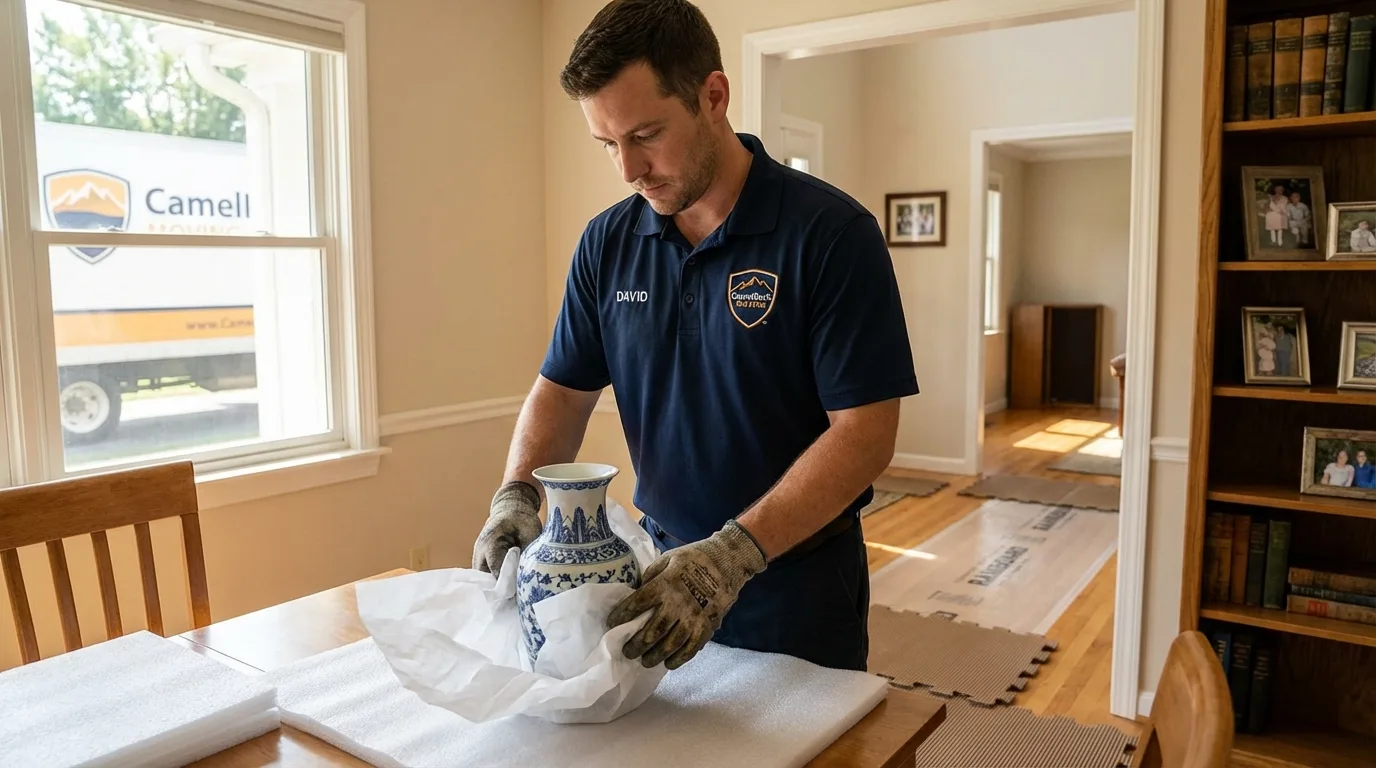 Professional crew carefully wrapping antique vase for senior downsizing move in Black River, NY